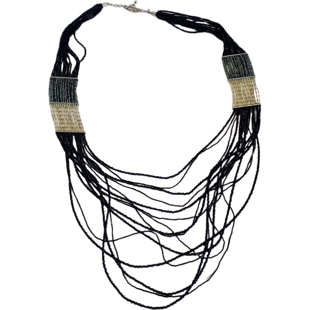 CHICO'S Necklace Multi Strand Black Silver Clear Seed Beaded Statement Necklace